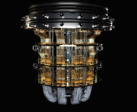 An illustrative quantum computing cryostat with gold-colored wiring and suspended metal stages
